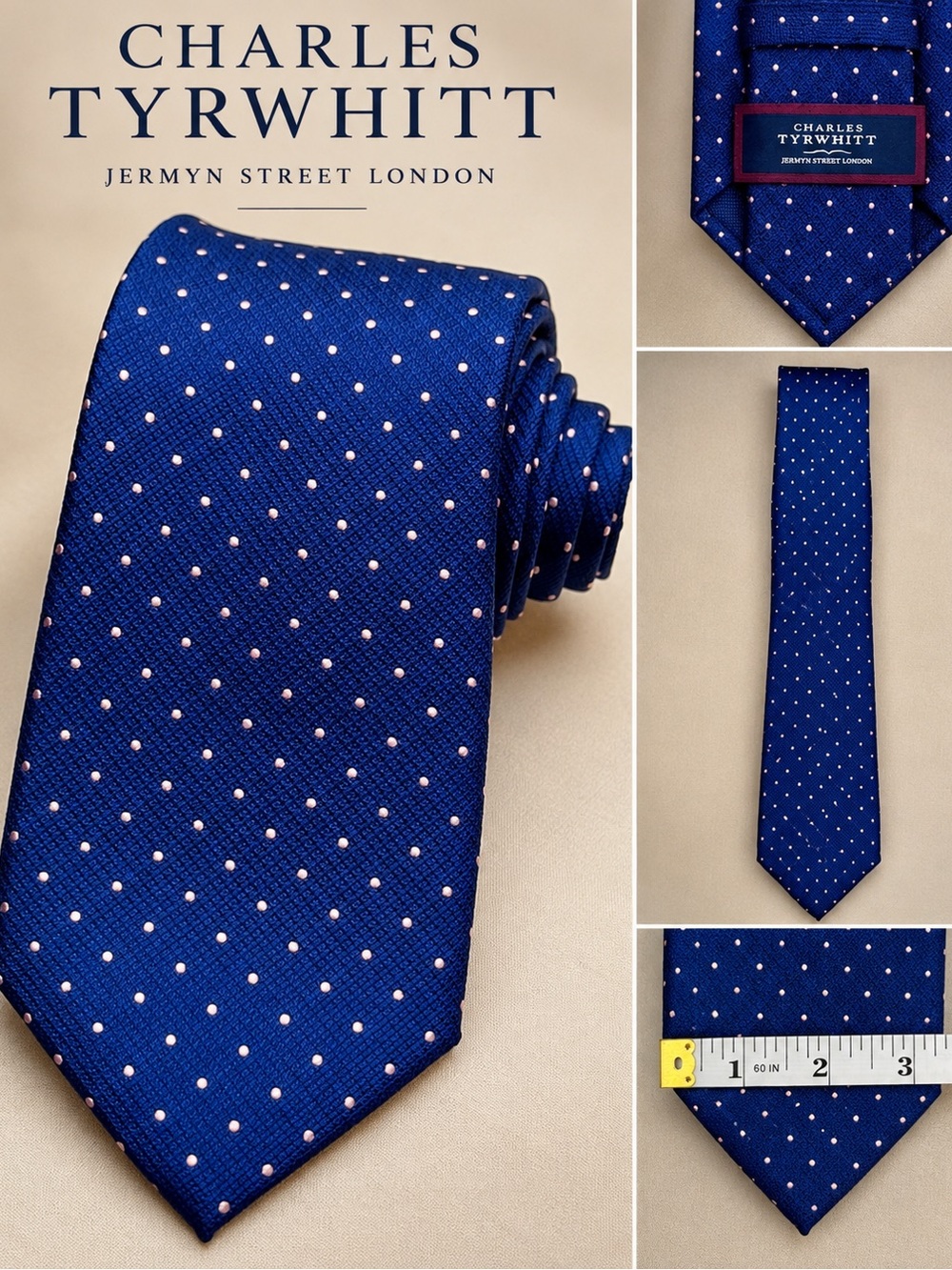 Charles Tyrwhitt Navy Blue Pink Polka Dot Silk Tie Mens Designer Necktie